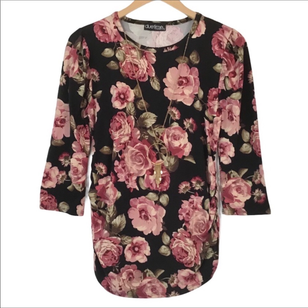 Duetime Maternity Stretchy Ruched Sides Floral Top Size S Detachable Necklace